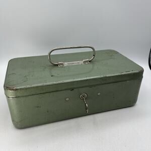 Vintage TOWER Metal Lock Box Tool Sears Roebuck Working KEY Green 11.5"